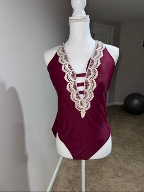 Mossimo Supply Co. Burgundy One-Piece Swimsuit with Cream Lace Trim